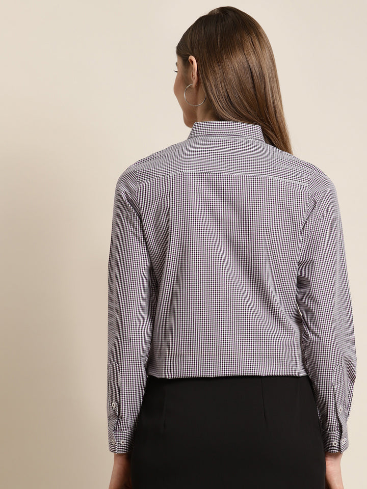 Women White & Blue Checked Pure Cotton Slim Fit Formal Shirt