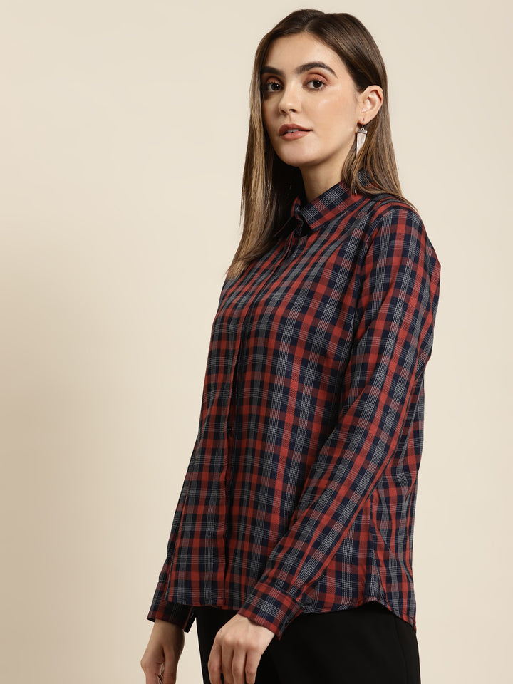 Women Navy & Red Checked Pure Cotton Regular Fit Formal Shirt