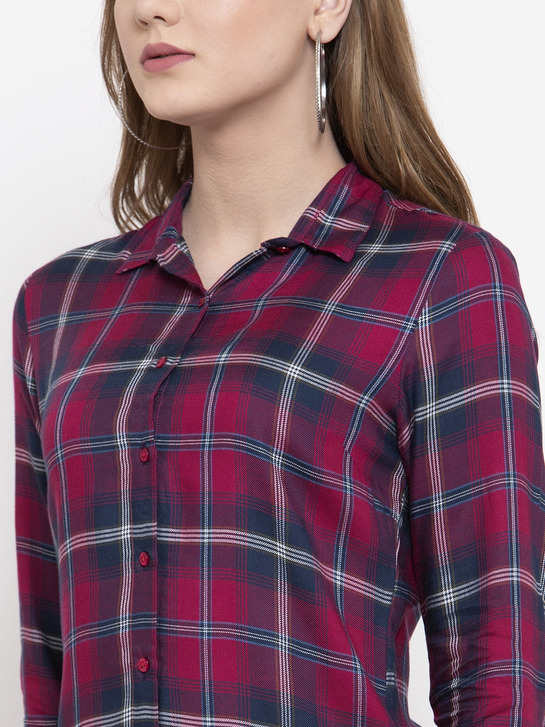 Women Navy & Red Viscose Rayon Checked Slim Fit Formal Shirt