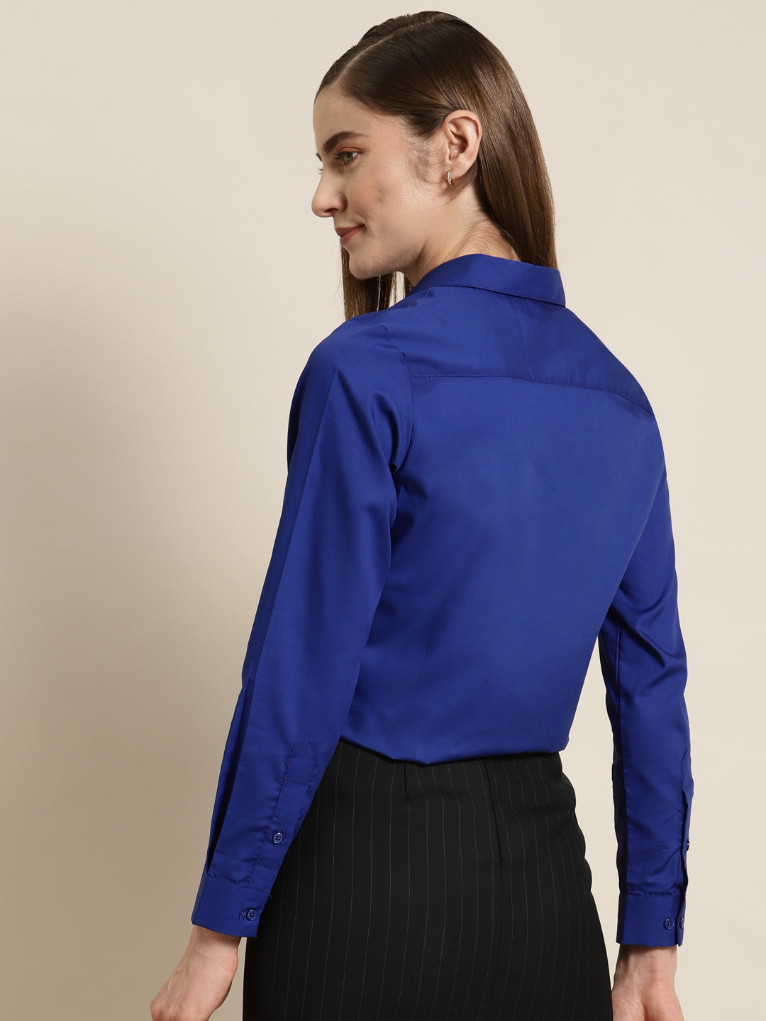 Women Royal Blue Solid Pure Cotton Slim Fit Formal Shirt