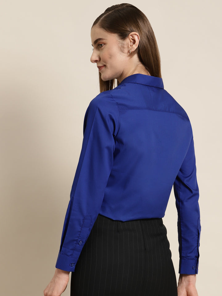 Women Royal Blue Solid Pure Cotton Slim Fit Formal Shirt