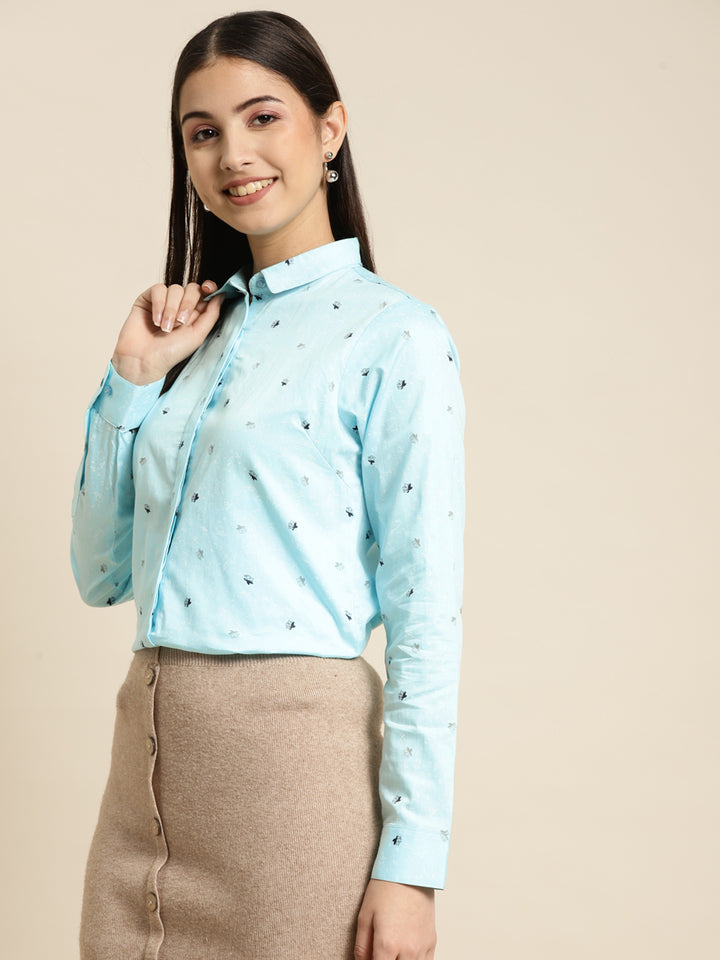 Women Sky Blue Printed Pure Cotton Slim Fit Formal Shirt