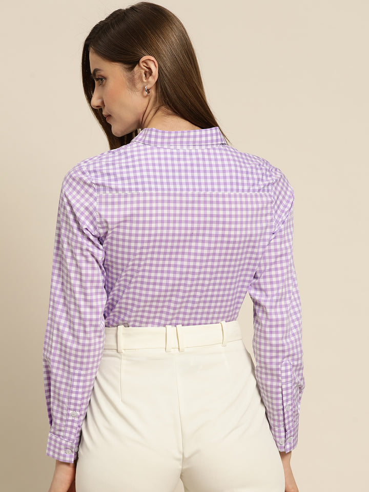 Women Lavendar & White Checked Pure Cotton Slim Fit Formal Shirt