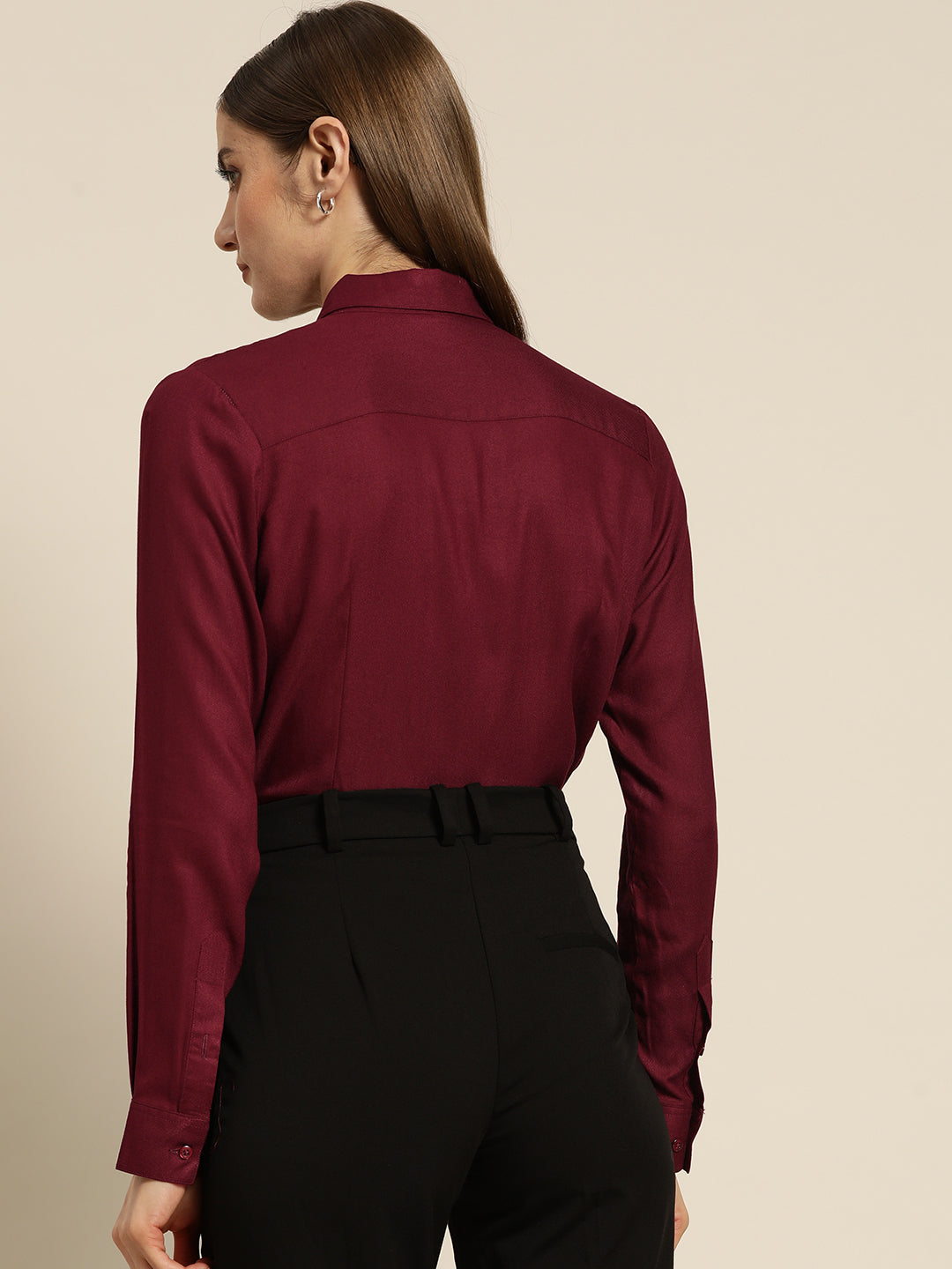 Women Burgundy Solid Viscose Rayon Regular Fit Formal Shirt