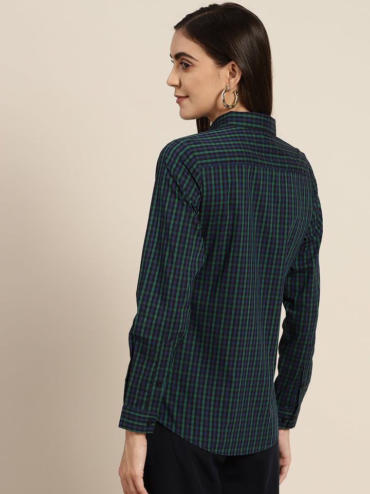 Women Navy & Green Checks Pure Cotton Slim Fit Formal Shirt