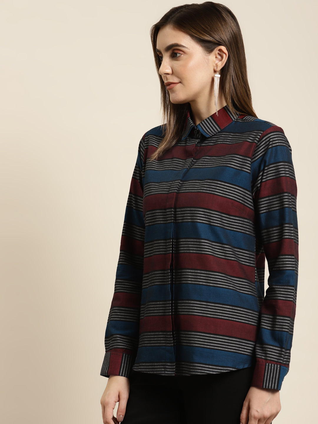 Women Maroon & Black Checked Pure Cotton Regular Fit Formal Shirt