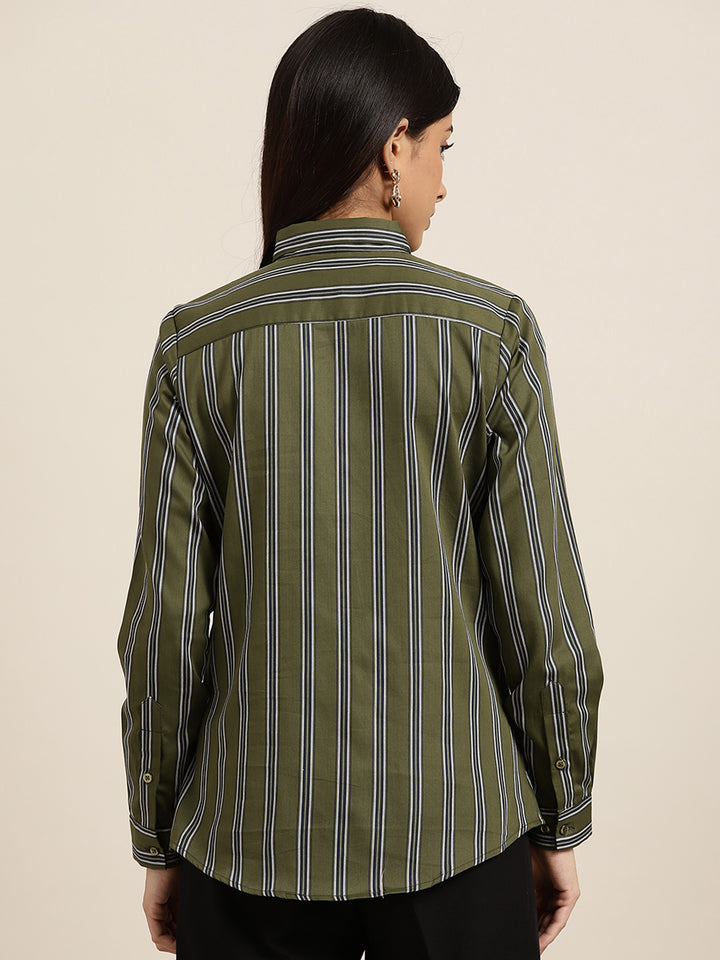 Women Olive Striped Pure Cotton Slim Fit Formal Shirt