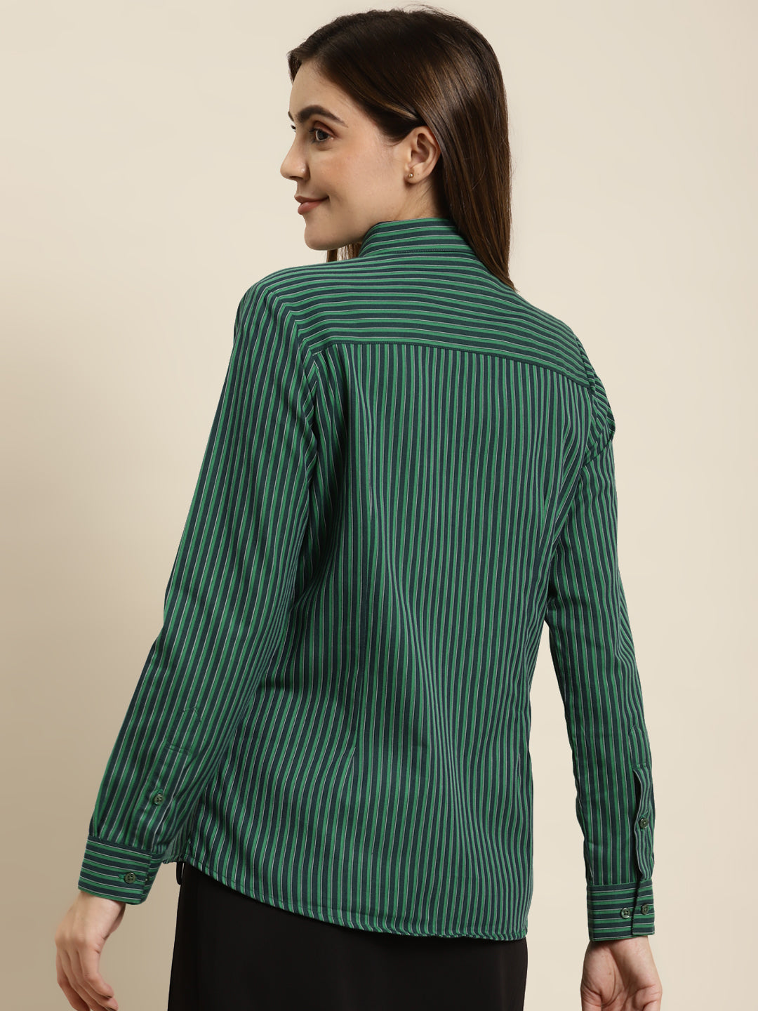 Women Green Striped Pure Cotton Regular Fit Formal Shirt