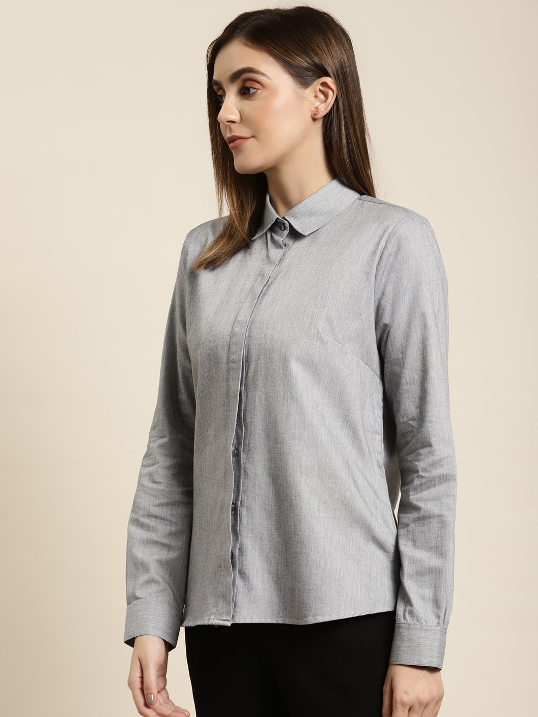 Women Grey Solid Pure Cotton Regular Fit Formal Shirt