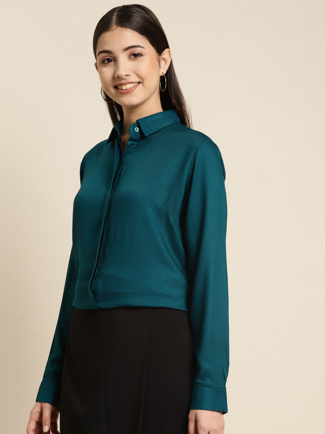 Women Turquoise Blue Solid Viscose Rayon Regular Fit Formal Shirt