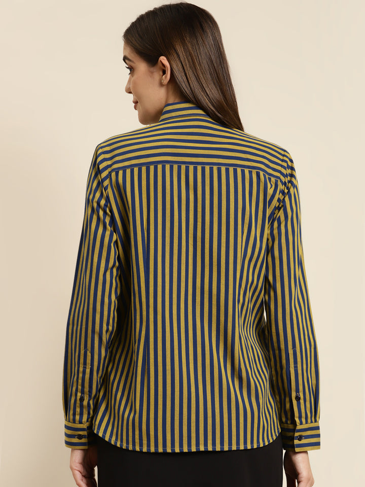 Women Navy & Yellow Striped Pure Cotton Regular Fit Formal Shirt