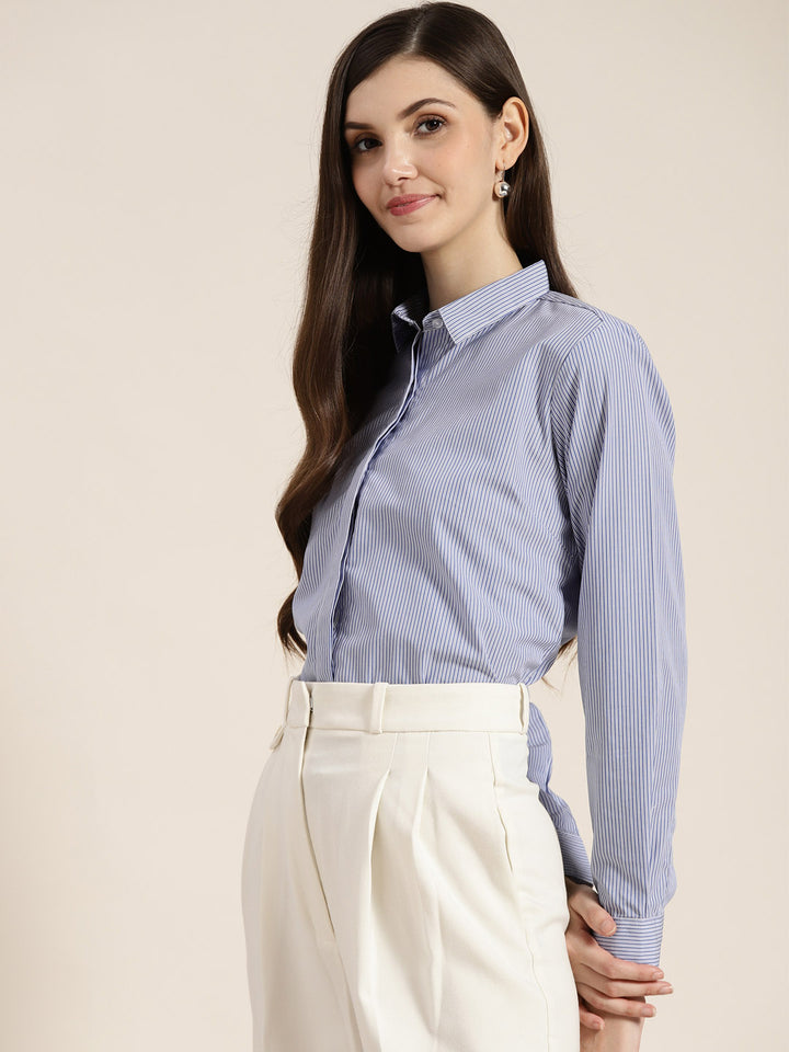 Women Blue & White Striped Pure Cotton Regular Fit Formal Shirt