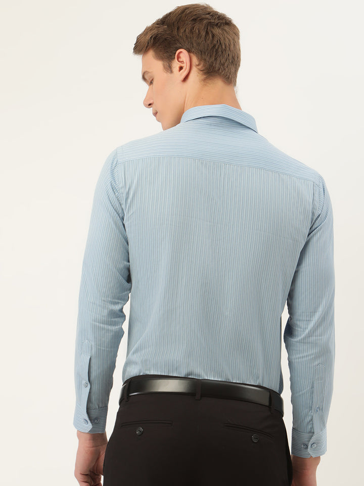 Men Blue Stripes Pure Cotton Slim Fit Formal Shirt