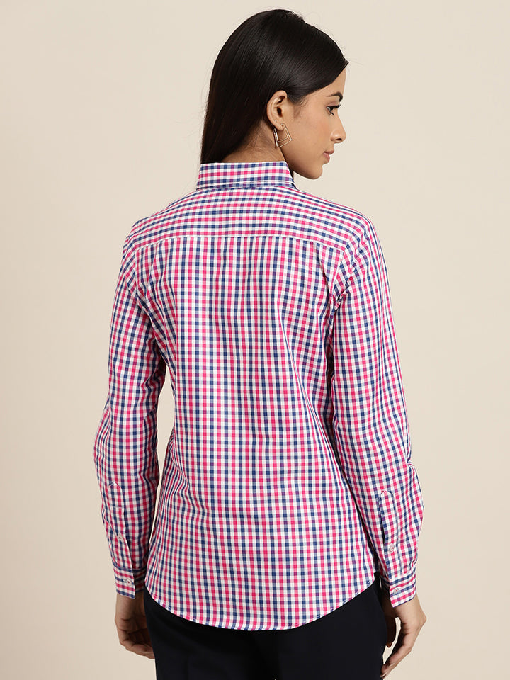 Women White & Pink Checks Pure Cotton Slim Fit Formal Shirt