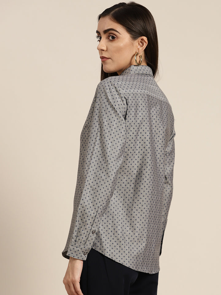Women Grey Prints Pure Cotton Slim Fit Formal Shirt