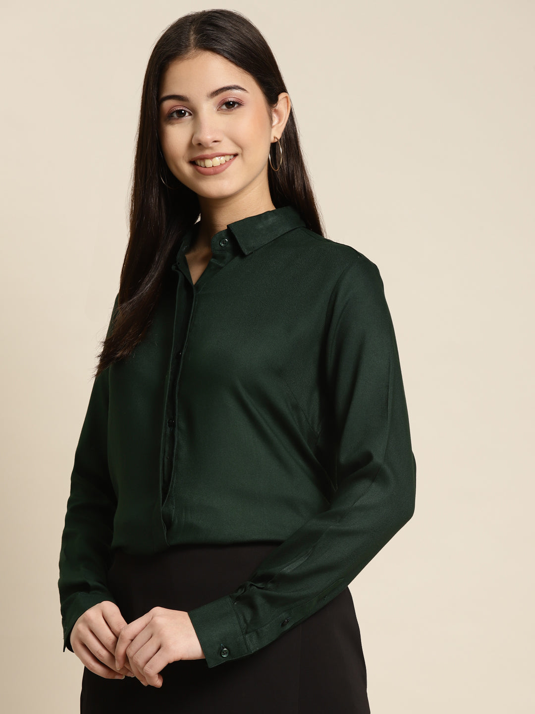 Women Bottel Green Solid Viscose Rayon Regular Fit Formal Shirt