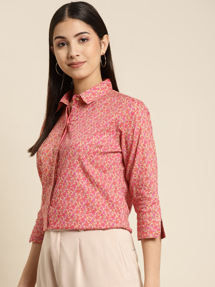 Women Beige & Magenta Printed Pure Cotton Regular Fit Formal Shirt