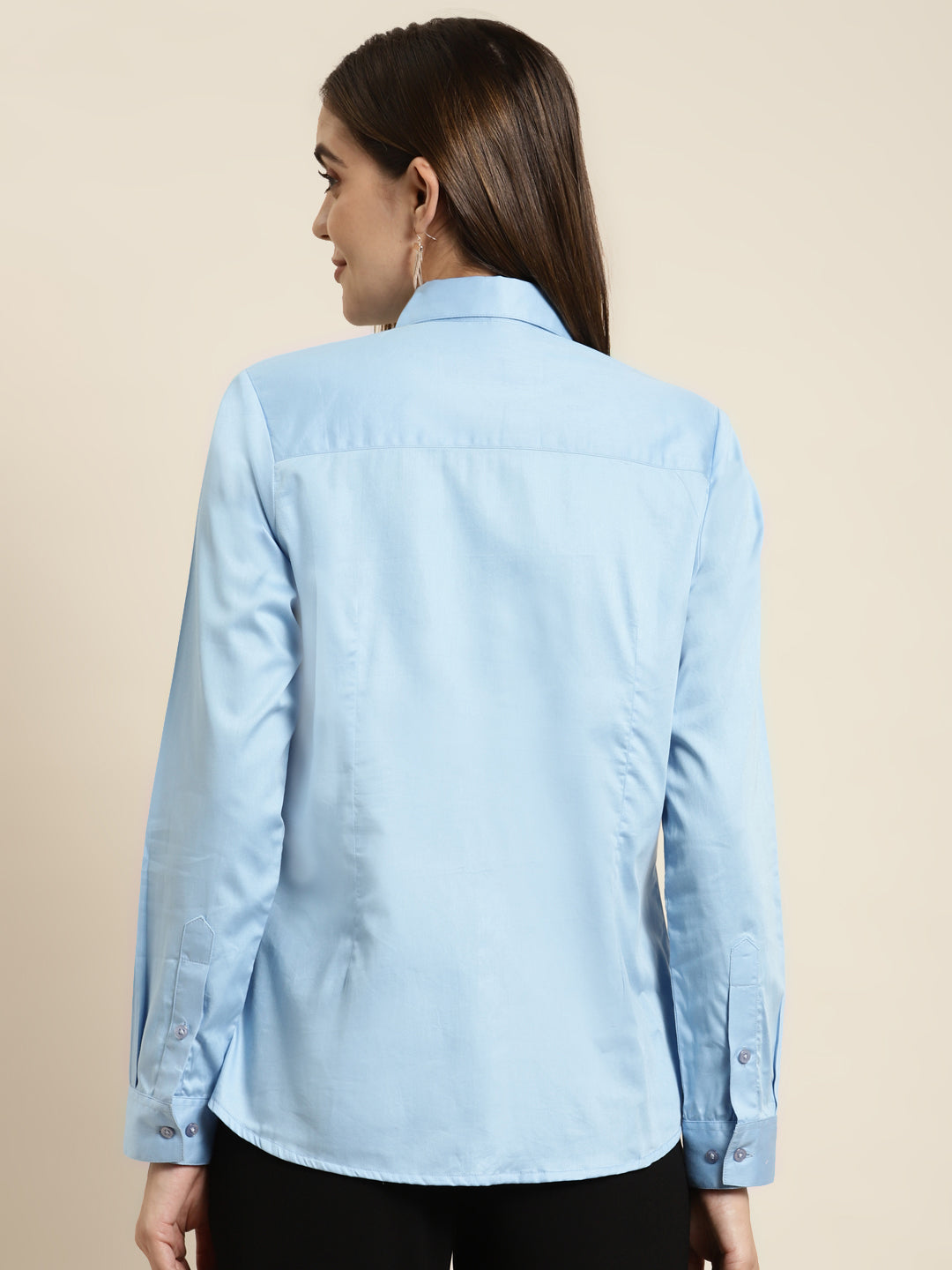 Women Blue Solid Pure Cotton Satin Regular Fit Formal Shirt