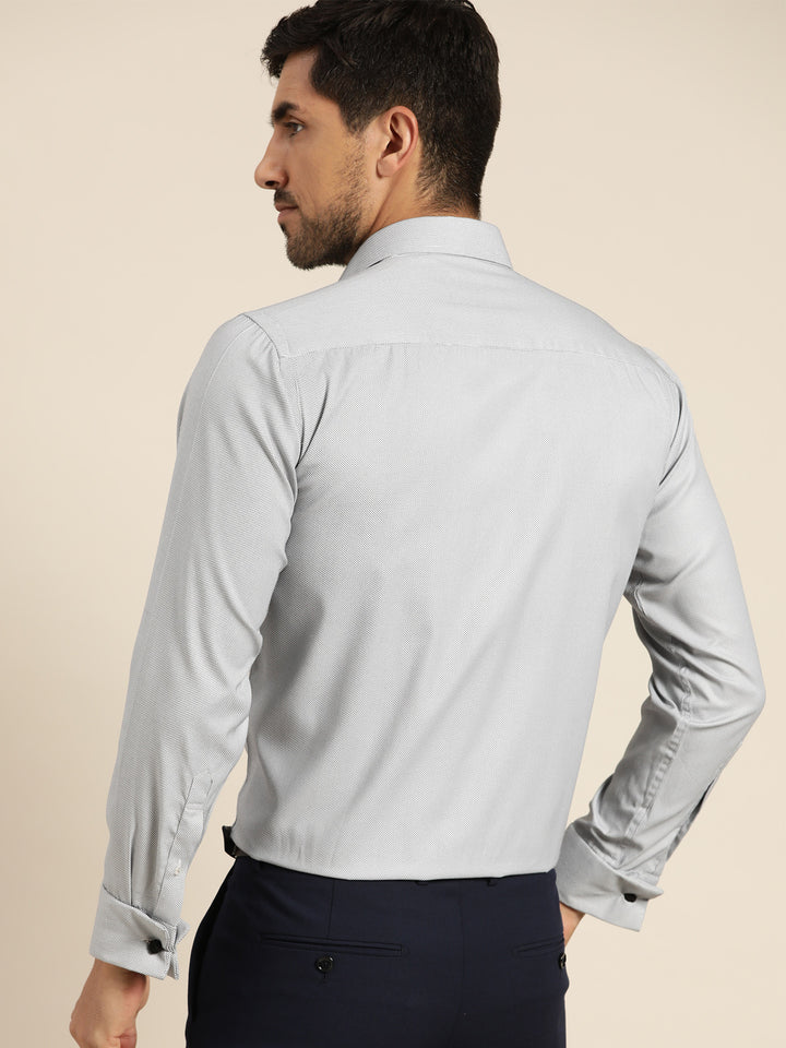 Men Grey & White Solids Cotton Rich Slim Fit Formal Shirt