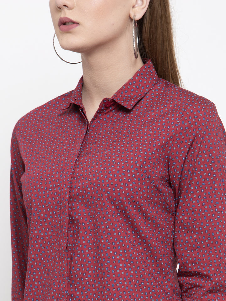 Women Red Pure Cotton Printed Slim Fit Formal Shirt