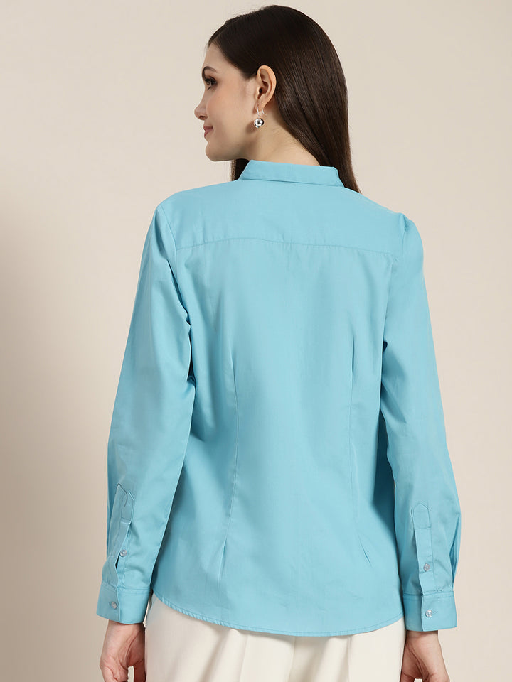 Women Blue Solid Pure Cotton Regular Fit Formal Shirt