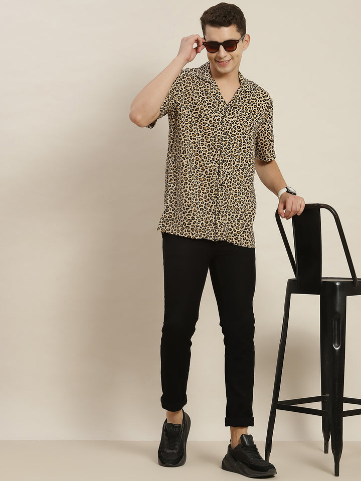 Men Beige & Black Leapord Printed Viscose Rayon Relaxed Fit Casual Resort Shirt