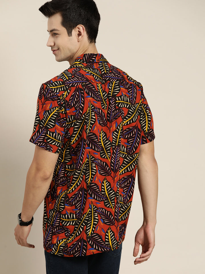 Men Black & Orange Prints Viscose Rayon Relaxed Fit Casual Resort shirt