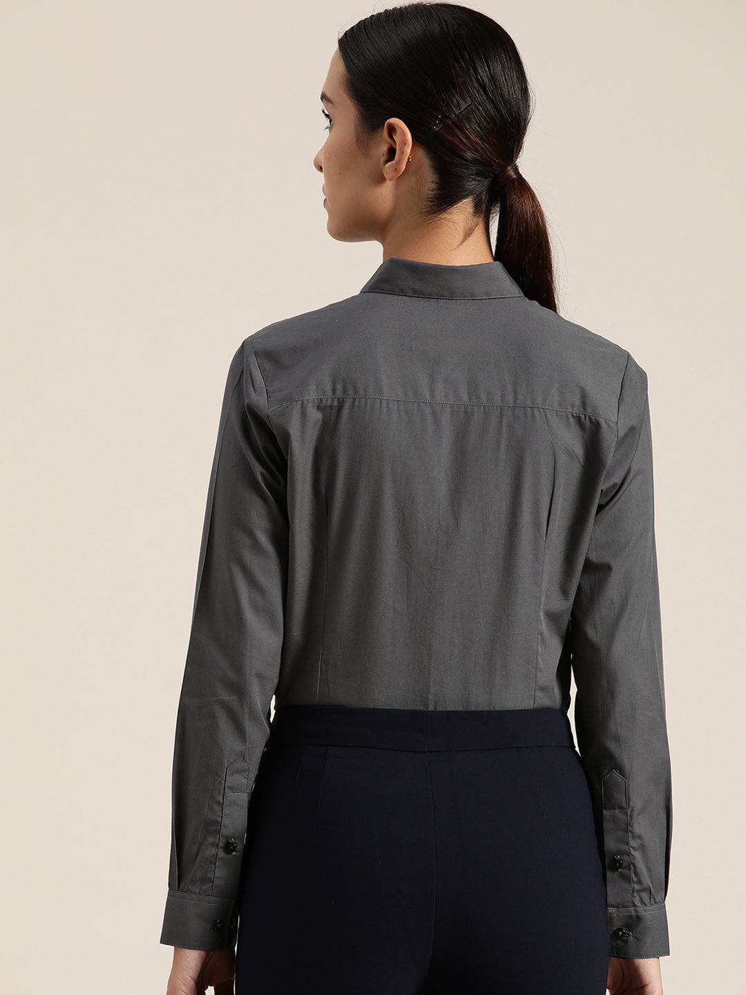 Women Dark Grey Solid Pure Cotton Regular Fit Formal Shirt