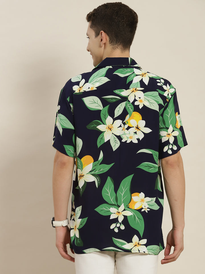 Men Navy & Green Printed Viscose Rayon Regular Fit Casual Resort Shirt