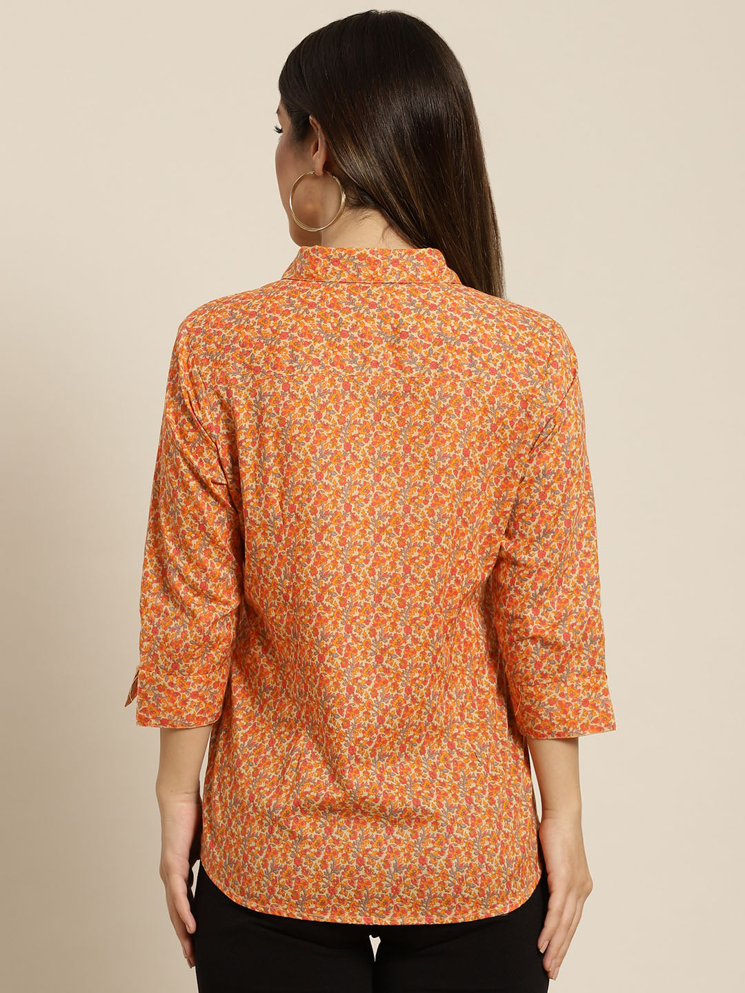 Women Beige & Orange Printed Pure Cotton Regular Fit Formal Shirt