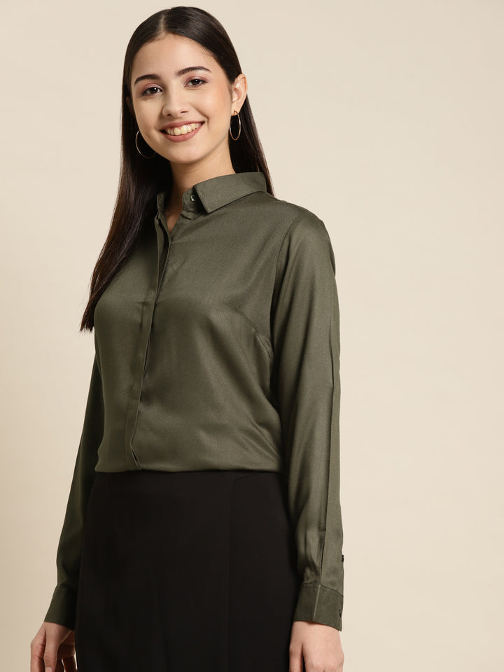 Women Olive Solid Viscose Rayon Regular Fit Formal Shirt