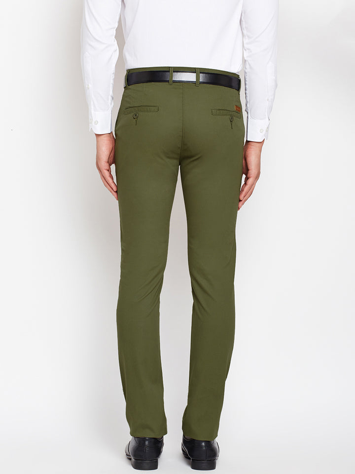 Men Green Pure Cotton Solid Slim Fit Casual Trouser