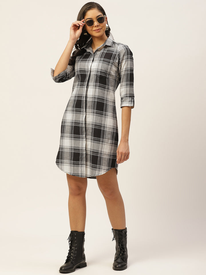 Women Black & White Checks Pure Cotton Regular Fit Formal Dress