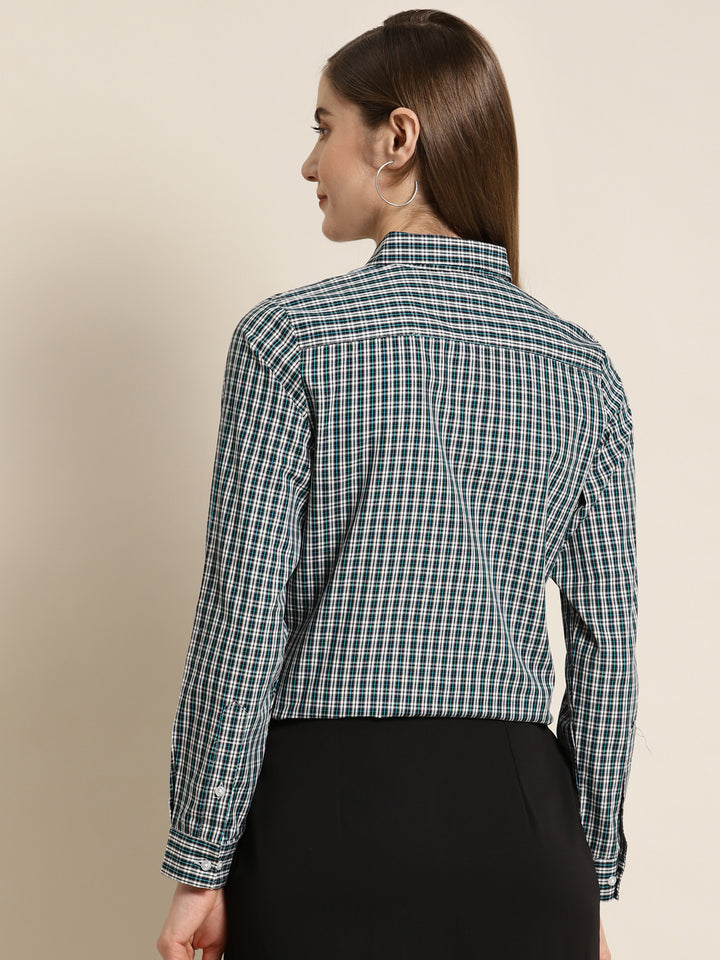 Women Navy & White Checked Pure Cotton Slim Fit Formal Shirt