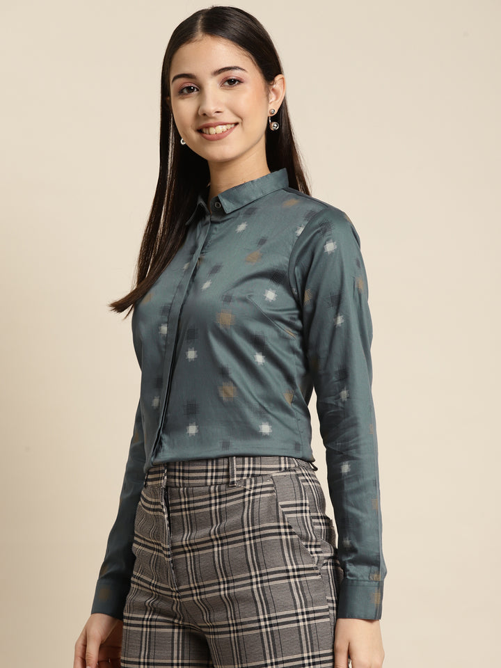 Women Bluish Grey Printed Pure Cotton Slim Fit Formal Shirt