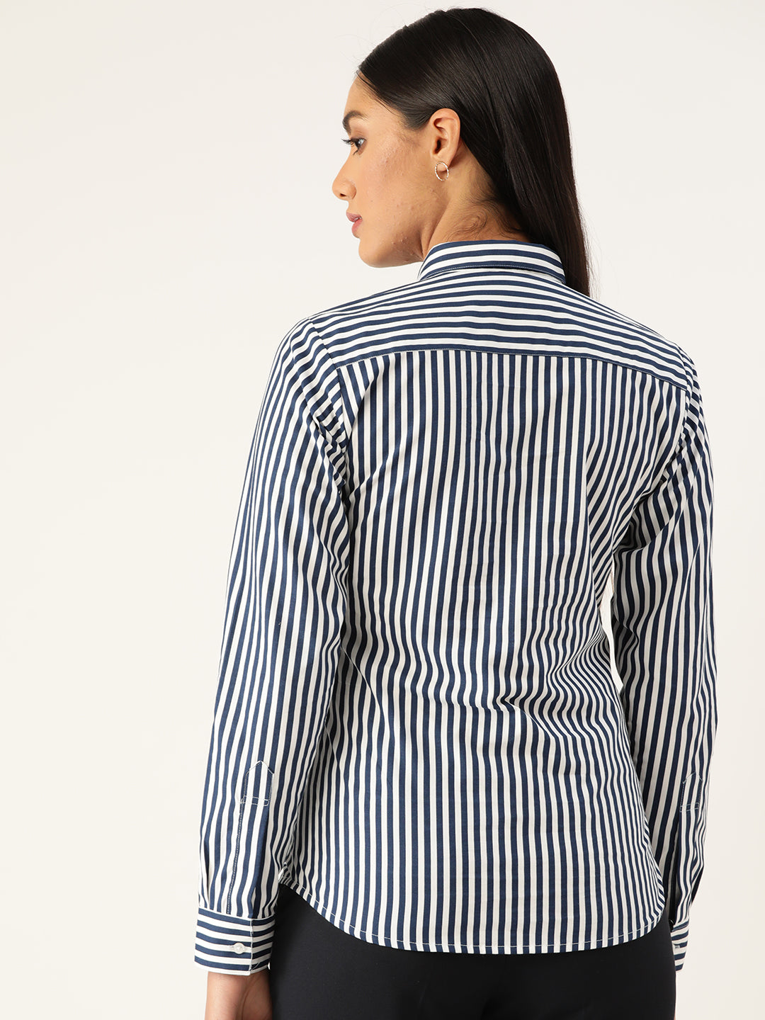 Women White & Navy Stripes Pure Cotton Slim Fit Formal Shirt