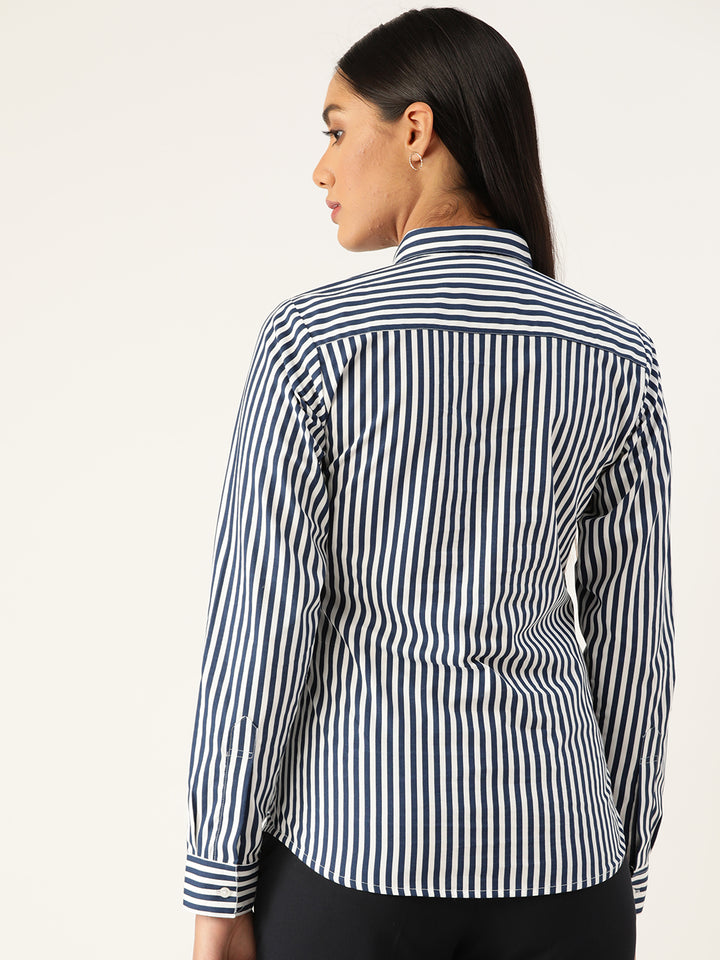 Women White & Navy Stripes Pure Cotton Slim Fit Formal Shirt