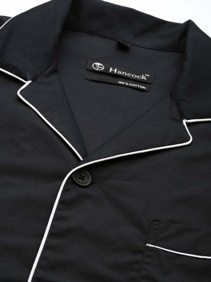 Men Black Solids Pure Cotton Regular Fit Night Wear Night Suit