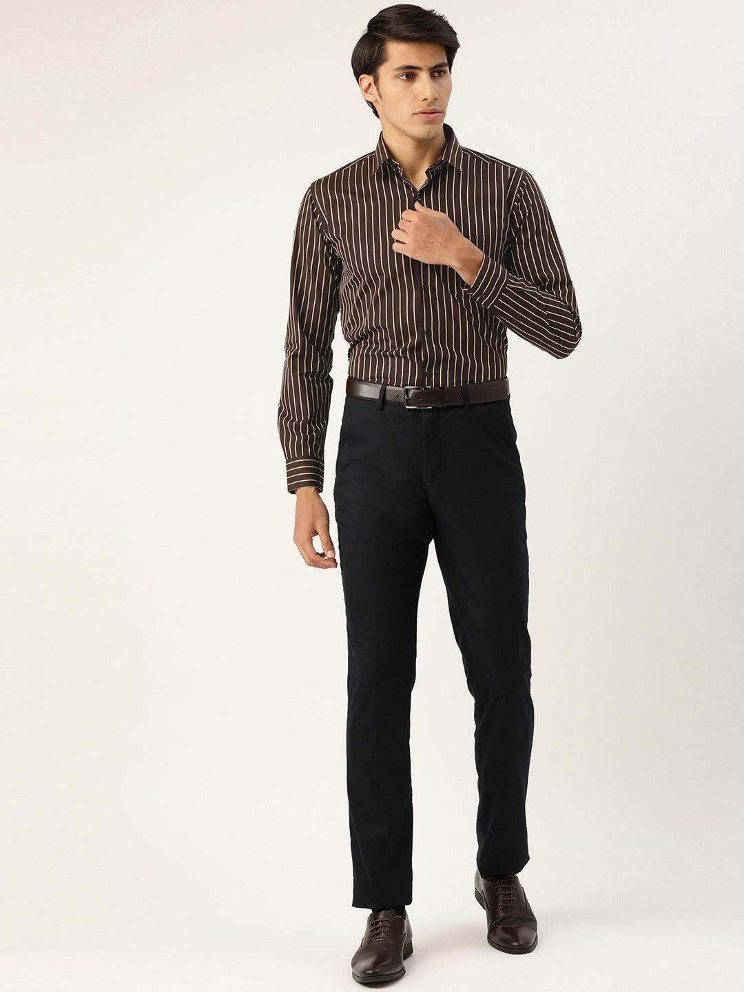 Men Brown Stripes Pure Cotton Slim Fit Formal Shirt