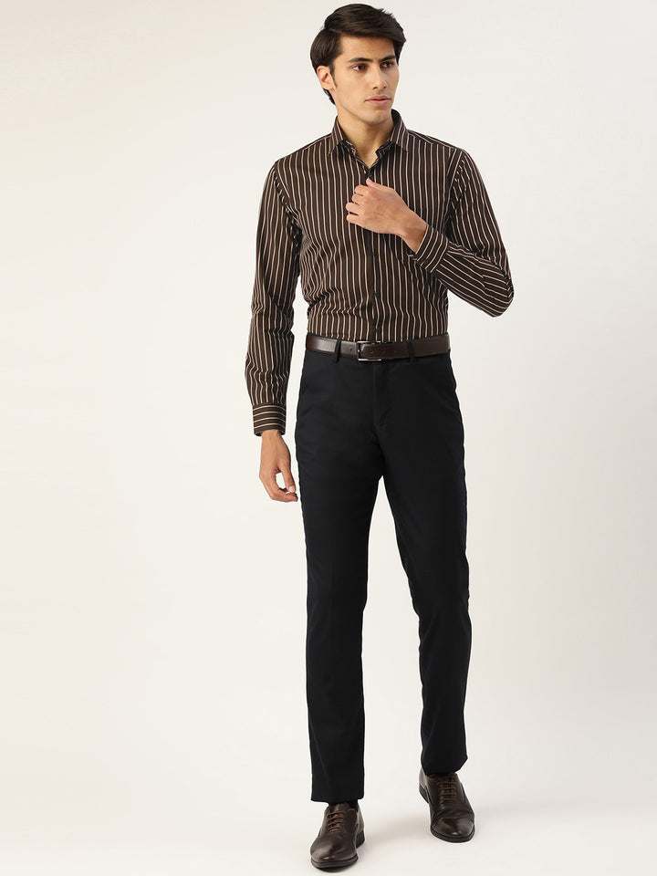 Men Brown Stripes Pure Cotton Slim Fit Formal Shirt