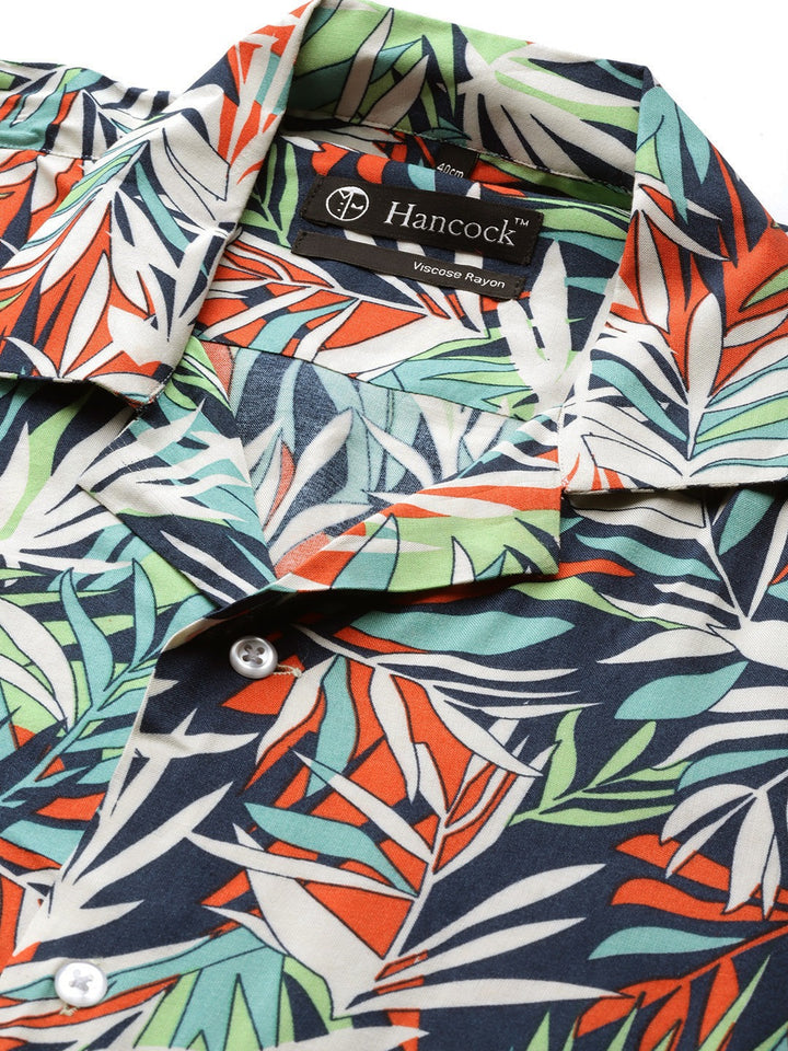 Men Beige & Navy Printed Pure Cotton Relaxed Fit Casual Resort Shirt