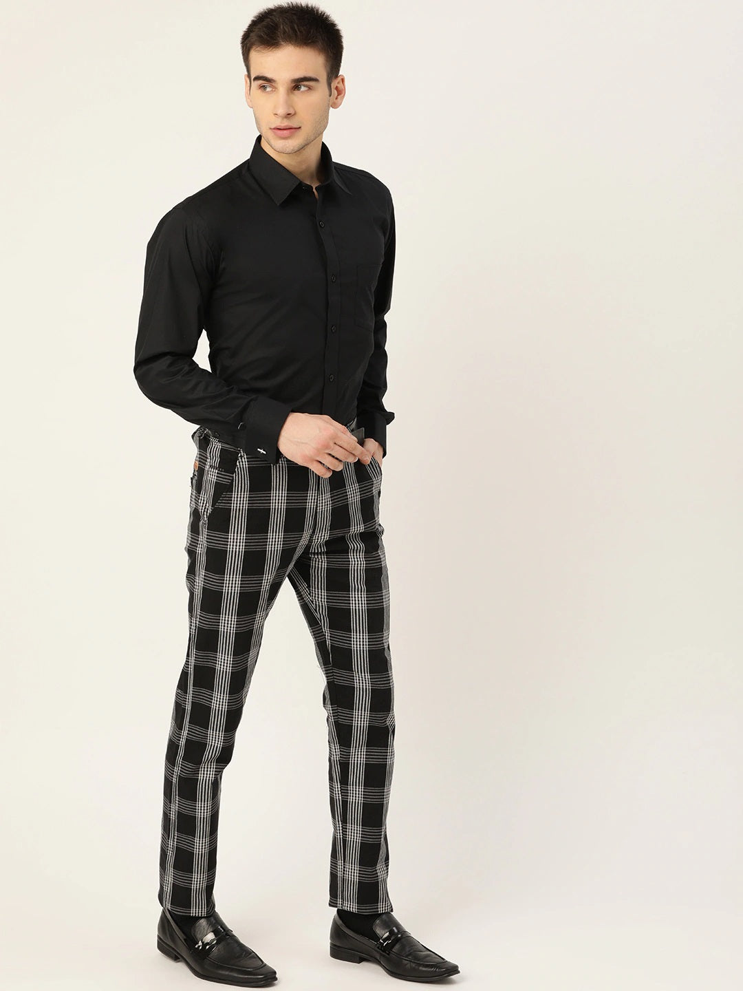 Men Black Checks Cotton Elastene Slim Fit Formal Trouser