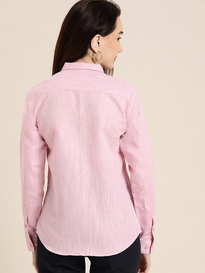 Women Pink Solid Linen Cotton Slim Fit Formal Shirt