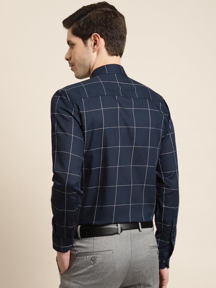 Men Navy Blue Checks Pure Cotton Slim Fit Formal Shirt