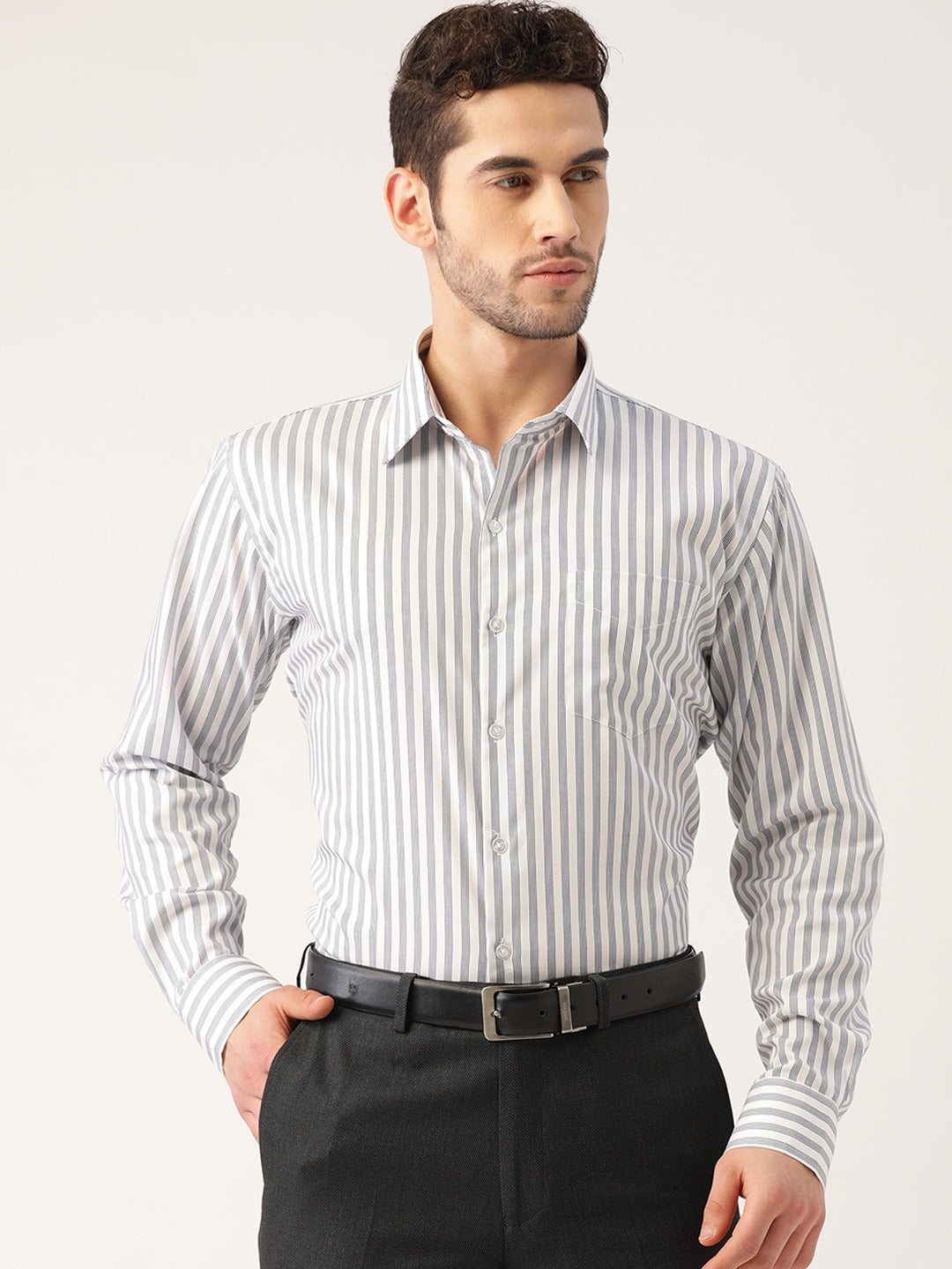 Men White Stripes Pure Cotton Slim Fit Formal Shirt