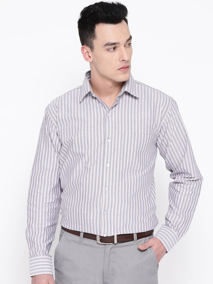 Men Blue & White Pure Cotton Striped Regular Fit Formal Shirt