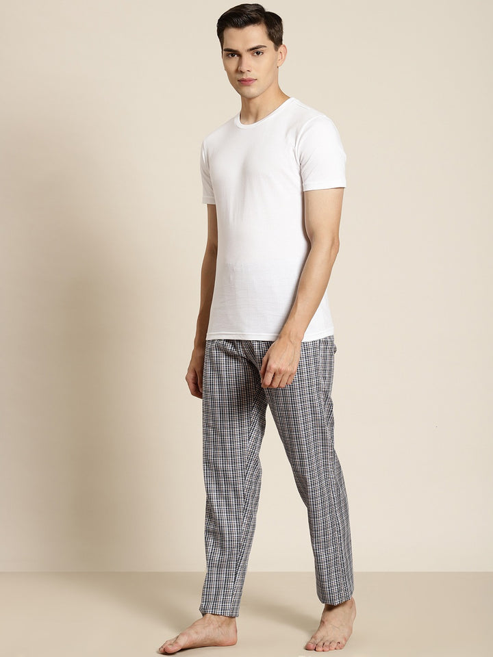 Men White-Navy Checks Pure Cotton Relaxed Fit Casual Lounge Pant