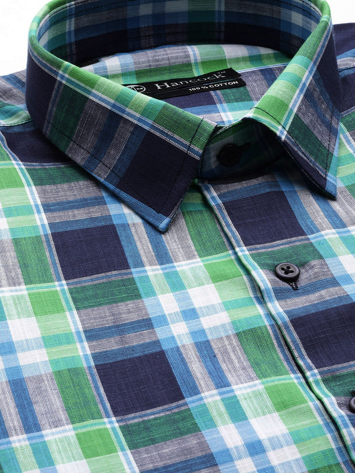 Men Navy & Green Checks Pure Cotton Slim Fit Formal Shirt