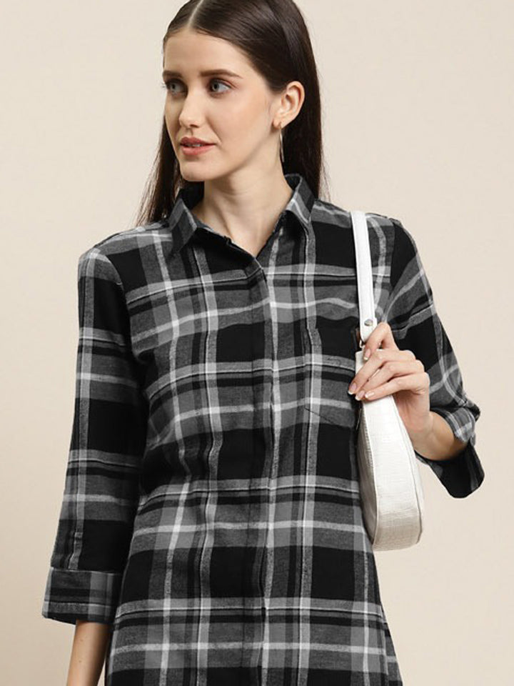 Women Grey & Black Checks Pure Cotton Regular Fit Formal Dress