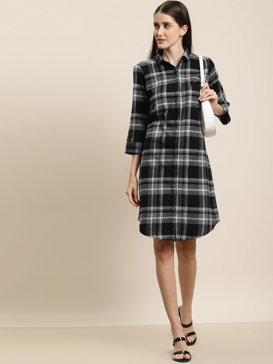 Women Grey & Black Checks Pure Cotton Regular Fit Formal Dress